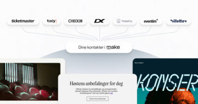 En illustrasjon som viser hvordan billettsystemer som Ticketmaster, Tixly, Checkin, DX, TicketCo, Eventim og Billetten kan integrereres mot Make.