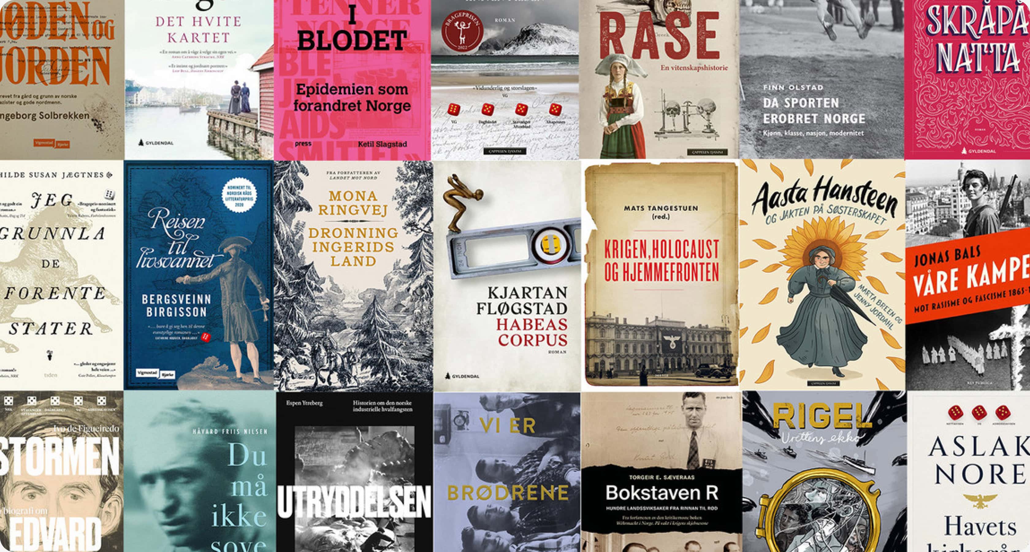 Oversikt over 24 bokomslag av norske sakprosautgivelser, med temaer som historie, politikk, identitet og samfunn, samlet i et gridmønster.