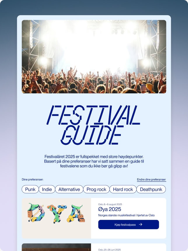 Et nyhetsbrev for en festivalguide, med et bilde av et konsertpublikum og informasjon om kommende festivaler basert på musikksjangre og preferanser.