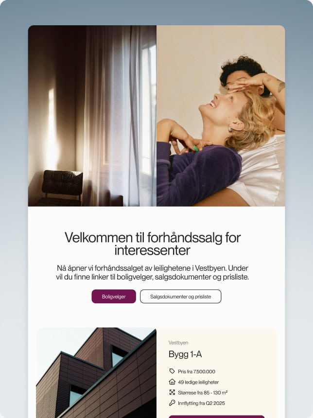 Et nyhetsbrev med oversikt over forhåndssalg av boliger i Vestbyen, med bilder av en innredet leilighet, boligpriser og salgsmateriale for interessenter.