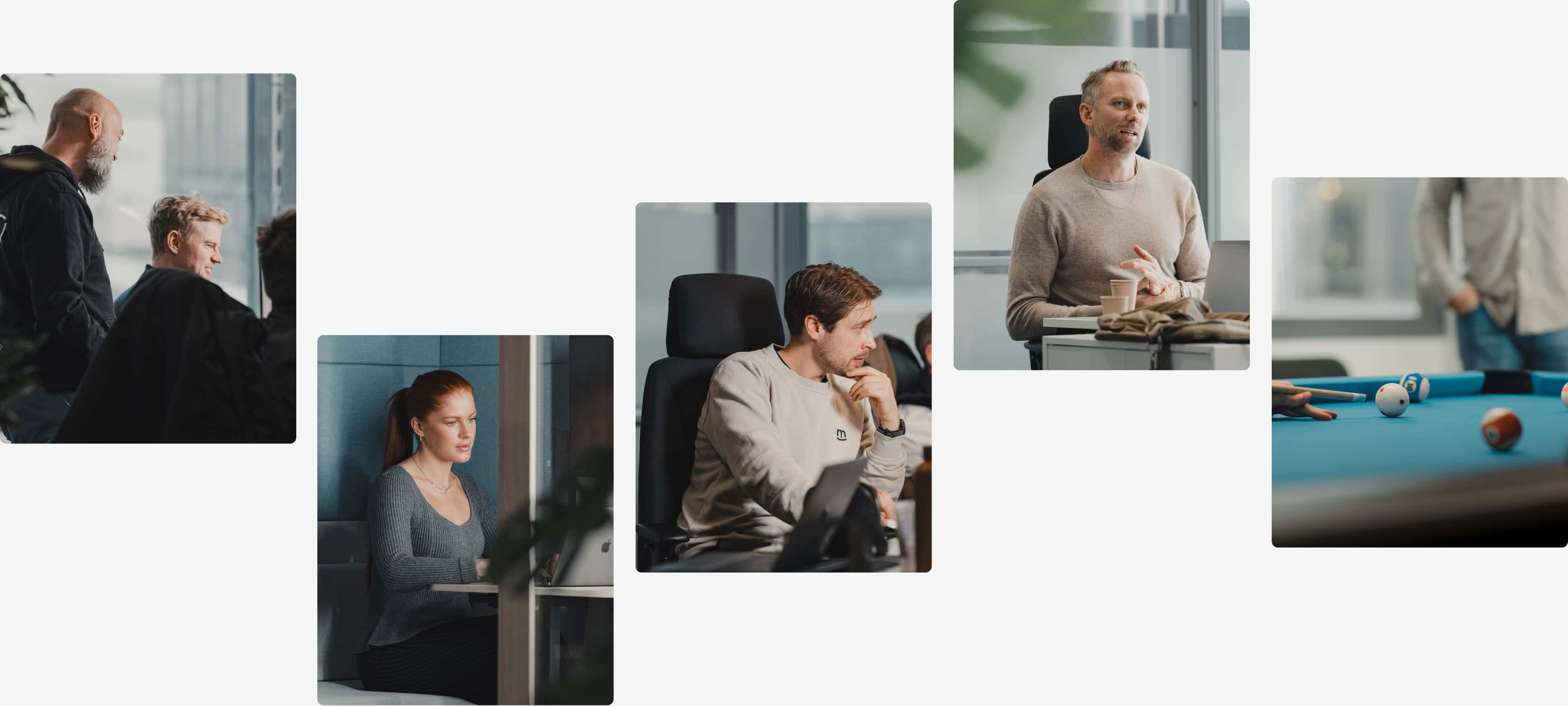 En samling av fem bilder fra en kontorhverdag: kollegaer i samtale, en person som jobber foran en dataskjerm, en ansatt som lytter oppmerksomt, en person som snakker med en kaffekopp ved pulten, og en scene fra et biljardbord.