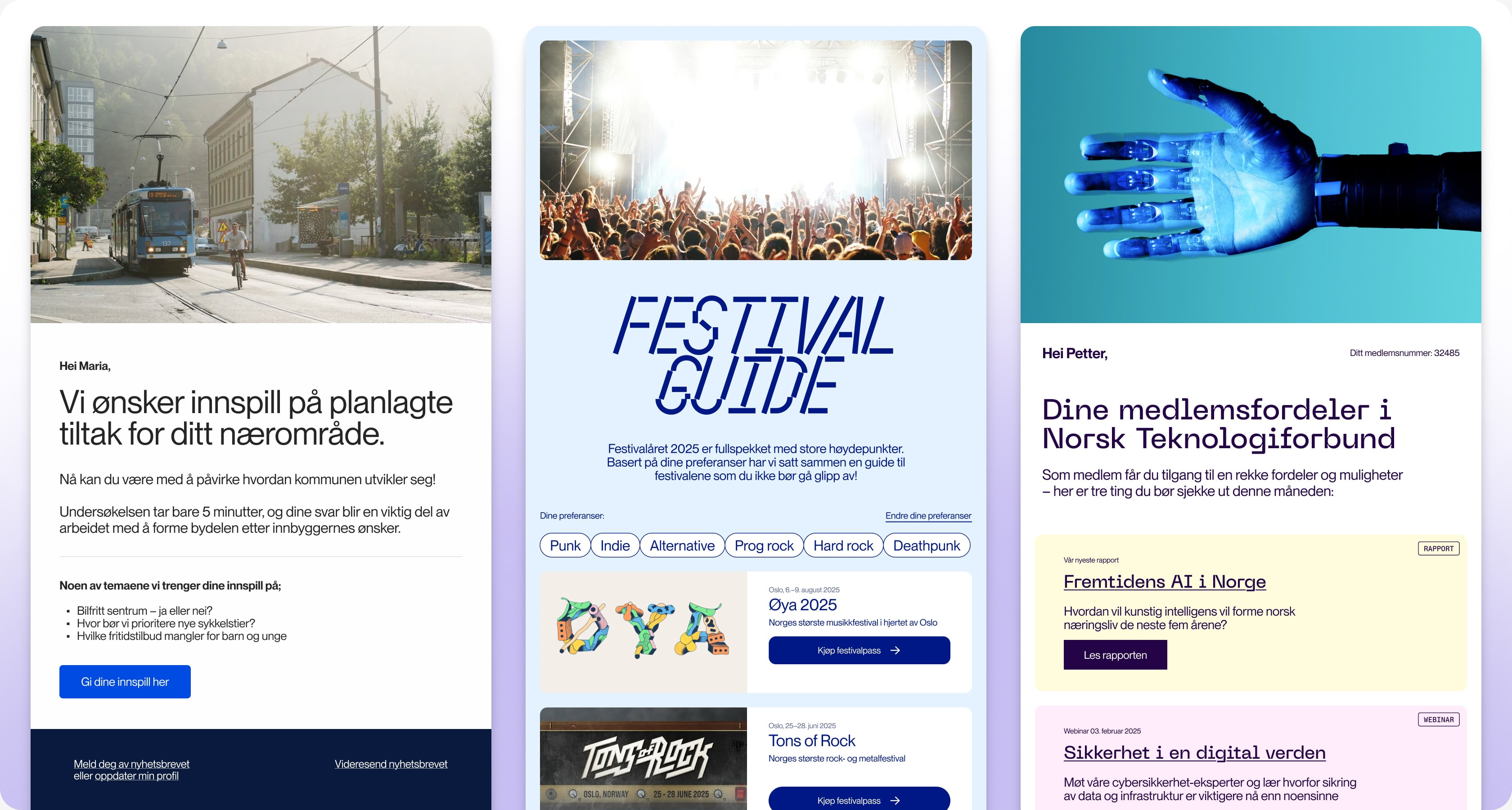 En collage med fire ulike nyhetsbrev: en festivalguide med konsertbilde, en oppfordring til innbyggere om å gi innspill på byutvikling, en oversikt over medlemsfordeler i Norsk Teknologiforbund, og informasjon om forhåndssalg av boliger.