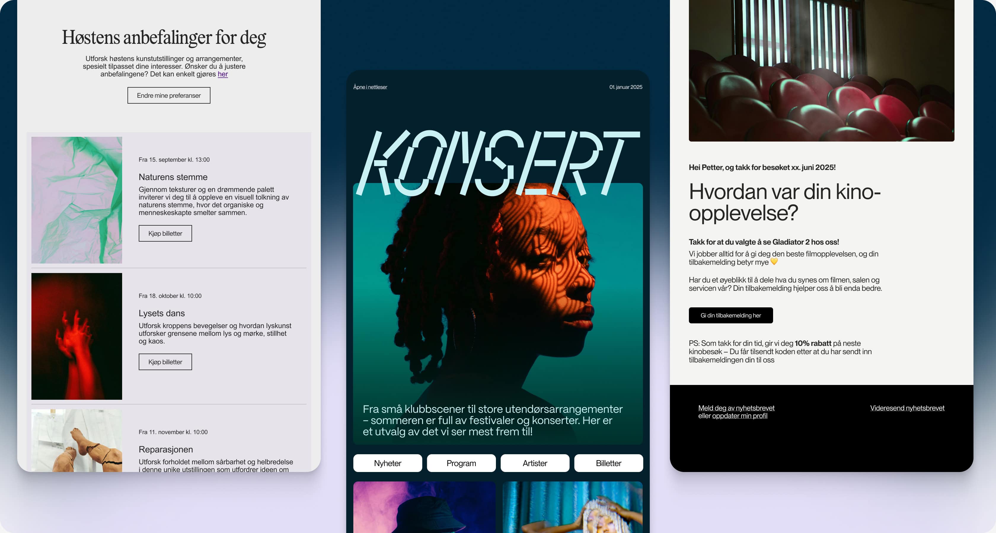 En montasje med tre ulike nyhetsbrev for kunst- og kultur: en med galleri-innhold, en med musikk og konsertinnhold, og en med film/kinoinnhold.