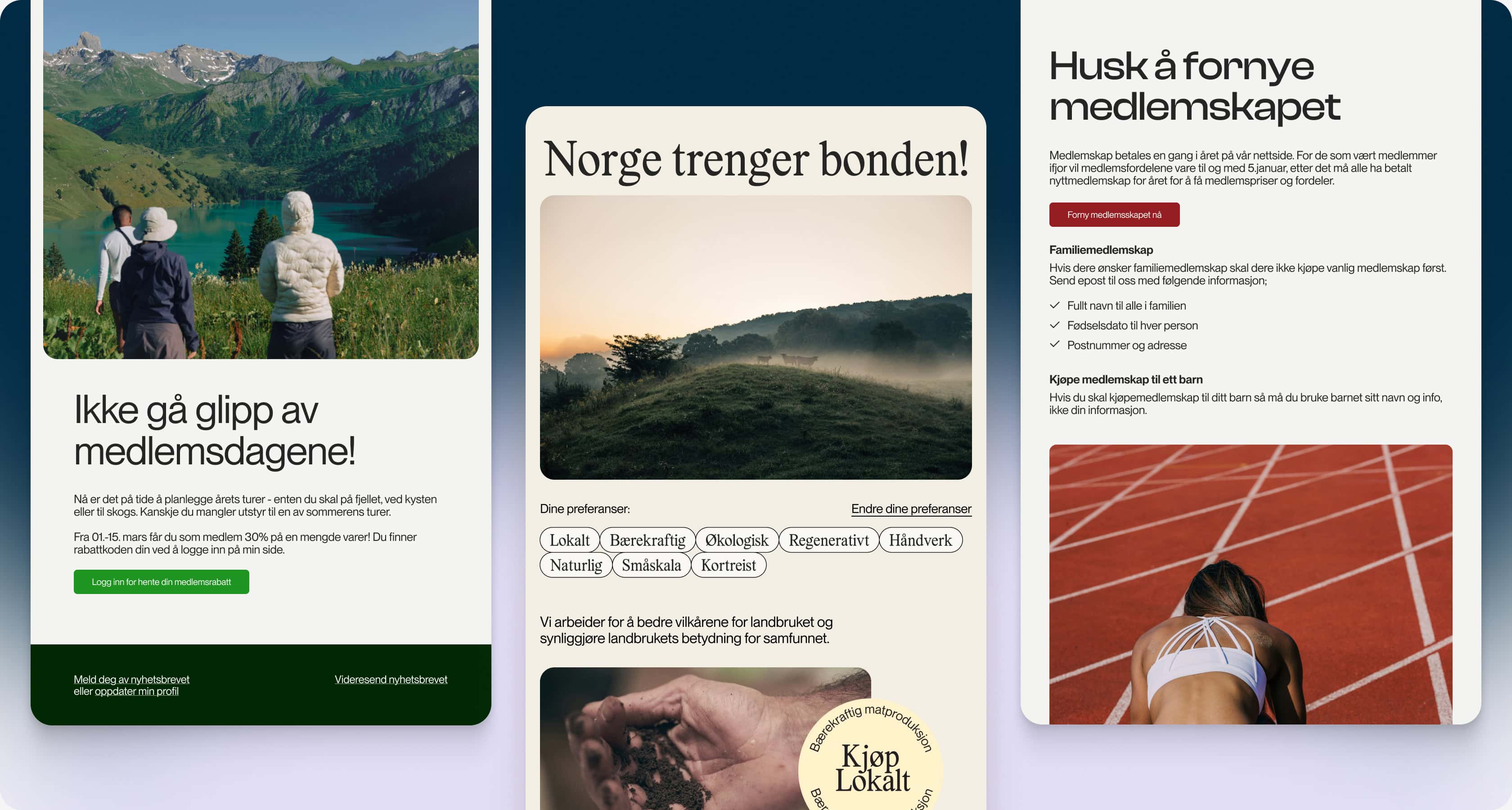 En montasje med tre nyhetsbrev: ett om medlemstilbud med fokus på friluftsliv og medlemsspesifikke rabatter, ett om støtte til bærekraftig landbruk og bondens rolle, og ett med praktisk informasjon om fornyelse av medlemskap.
