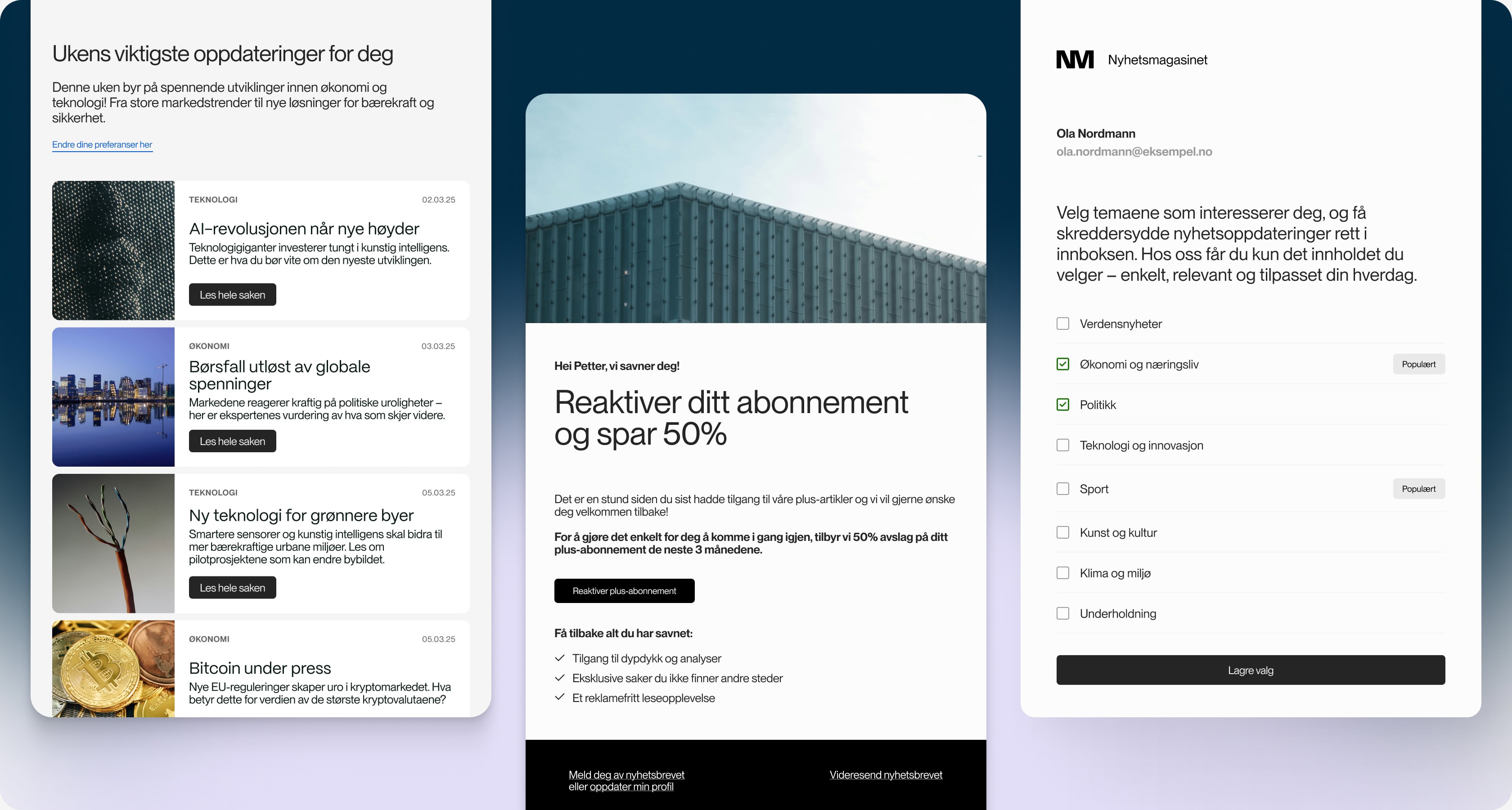 En montasje med tre nyhetsbrev: ett med ukens viktigste oppdateringer innen teknologi og økonomi, ett med et tilbud om å reaktivere abonnement og spare 50 %, og ett med et skjema for å velge temaer for personaliserte nyhetsoppdateringer.