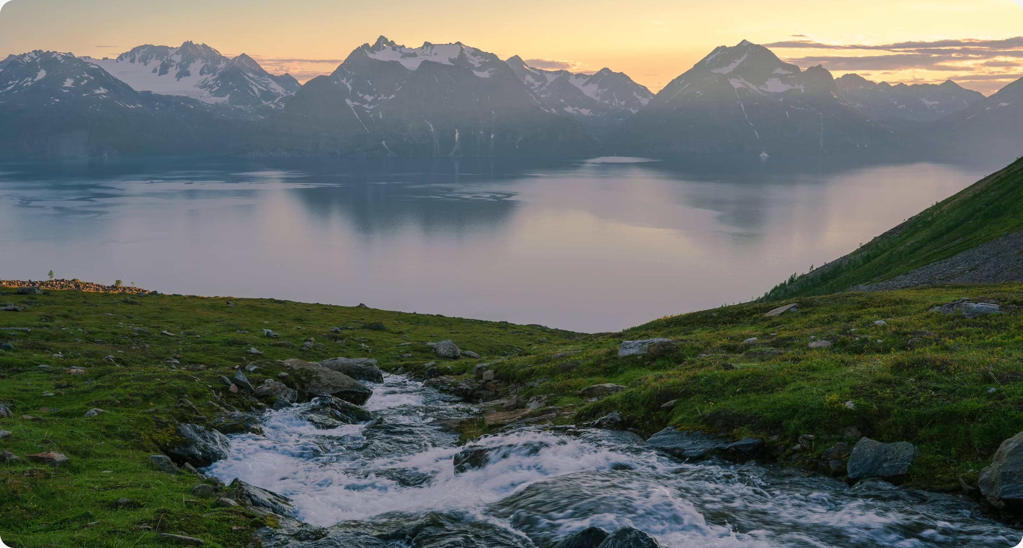 Fjell og fjord i kveldssol med en liten bekk i forgrunnen som renner gjennom grønn lyng og stein.