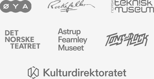 Et utvalg Make-kunder innenfor kultur og opplevelser; Astrup Fearnley Museet, Øya, Rockefeller, Teknisk Museum, Kulturdirektoratet med fler.