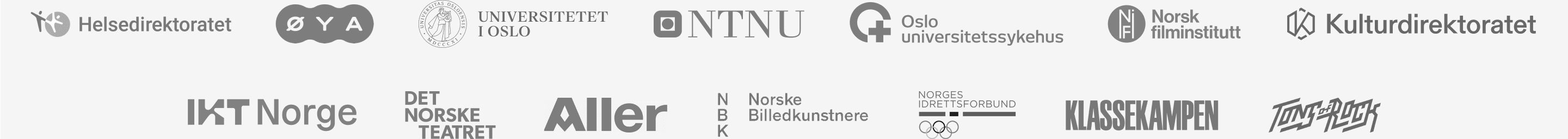 Logoer av offentlige og private virksomheter som bruker Make, inkludert NTNU og Kulturdirektoratet, m.fl.