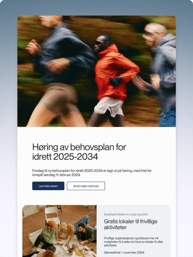 Et nyhetsbrev med bilde av løpere i fart gjennom en skog. Overskrift om høring av en ny behovsplan for idrett, med informasjon om frist for innspill og lenke til videre lesing.