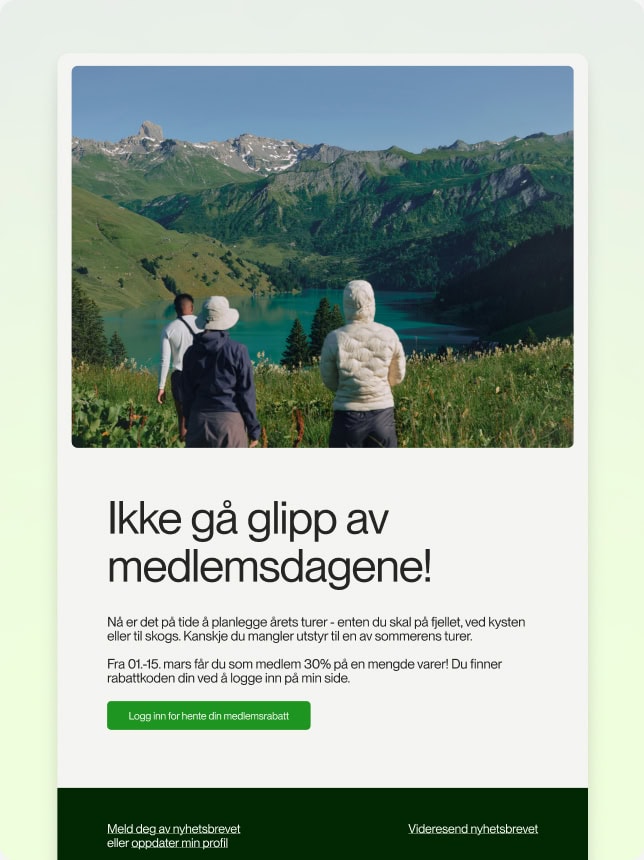 Et nyhetsbrev som inviterer mottakeren til å benytte seg av medlemsdager med 30 % rabatt på tur- og friluftsutstyr. Hovedbildet viser tre personer i fjellet med utsikt over en innsjø.