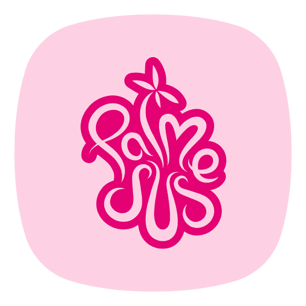 Logoen til Palmesus i ulike toner av rosa, formet som et bølgende og organisk ordmerke med illustrativ typografi.