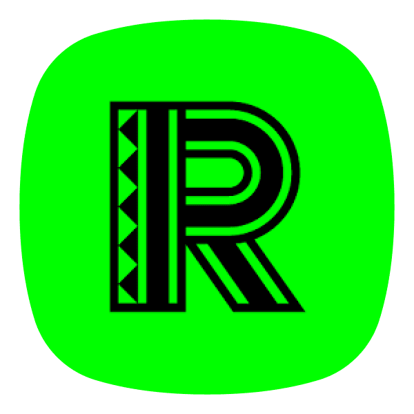 Logoen til Regnskogfondet, med en stor svart R-bokstav mot grønn bakgrunn, dekorert med geometriske mønstre.